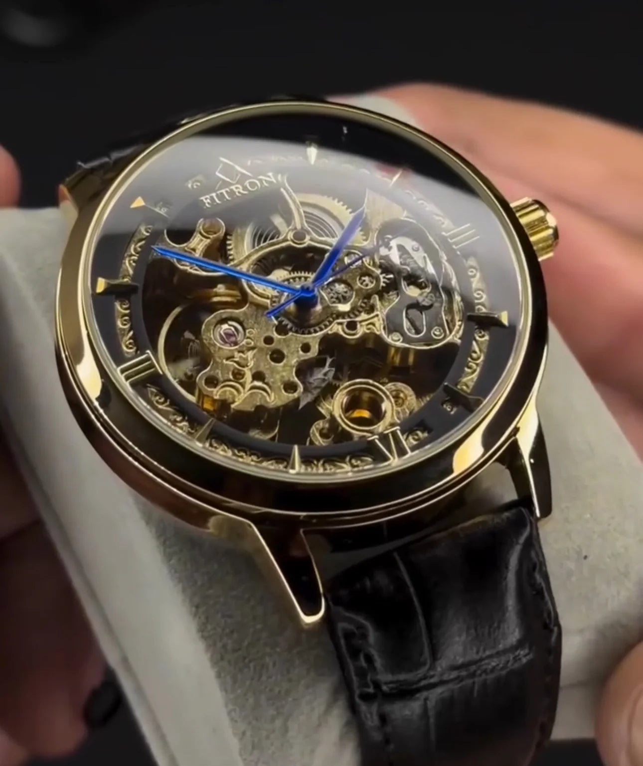 Fitron Golden Black Watch with Black Leather Strap